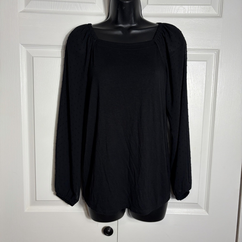 LOFT Square Neck Blouse Women XXS Black Knit Long Sheer Sleeves Pullover Shirt